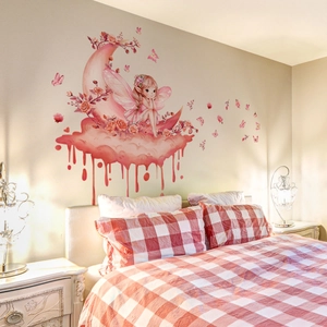 Pink cartoon fairy on moon wall sticker with flowers and butterflies for girls' bedroom decoration