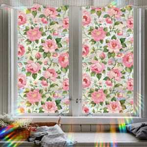 Detail of pink floral static cling window film with frosted texture and rainbow effect