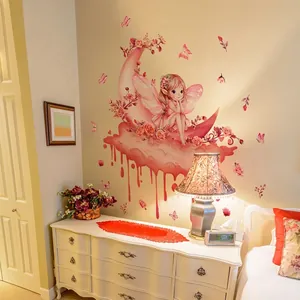Pink fairy girl on moon wall sticker with butterflies for kids bedroom decor