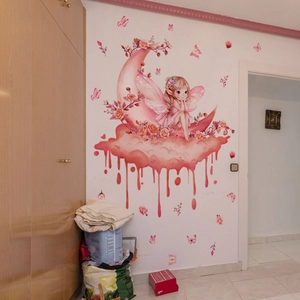 Pink fairy girl on moon wall sticker with roses and butterflies for kids room decor