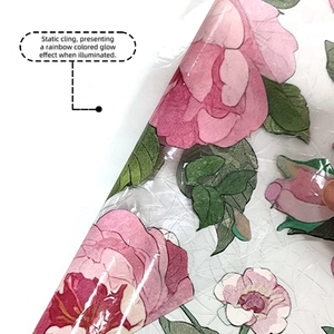 Detail showing translucent floral static window film with pink flowers and textured finish