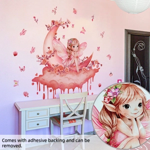 Detail of pink fairy on moon wall stickers with self-adhesive and removable features
