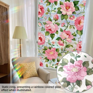 Macro view of floral window film with static cling and decorative rainbow glow effect