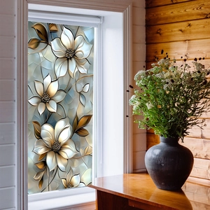 3D floral window film with cream and gold embossed flowers for home glass decoration