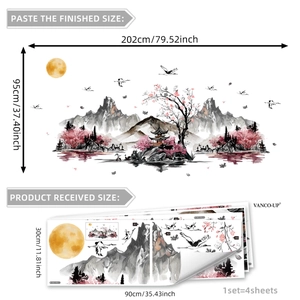Ink landscape wall sticker with pavilion and cranes, measuring 202x95cm for home decor
