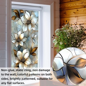 Detailed macro view of static cling floral window film with white and gold embossed patterns