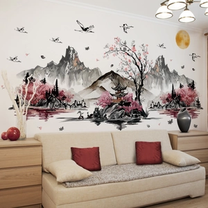 Ink landscape wall sticker with mountains, cranes, and pavilion for living room decor