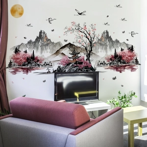 Ink landscape wall sticker featuring mountains and pavilion for living room decor