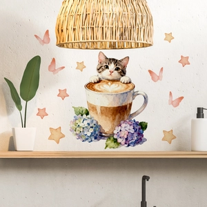 Cozy watercolor wall decals showing a tabby cat in a coffee cup with stars and butterflies