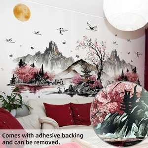 Detail of ink landscape wall sticker with self-adhesive and removable features