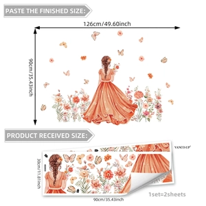 Stickers muraux fille en robe orange avec fleurs et papillons pour chambre d'enfant