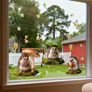 Cute hedgehog and butterfly window decals for glass decoration in vivid nature scenes