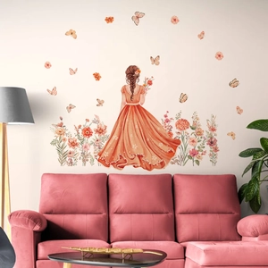 Sticker Mural de Dessin Animé Dos de Fille Papillon Floral en PVC Amovible Autocollant pour Chambre d'Enfant Salon Décoration Maison