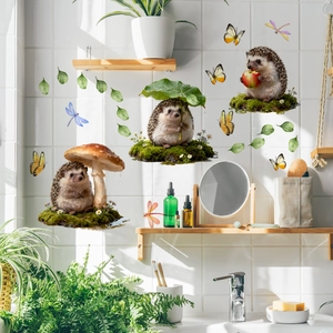 Cute hedgehog and mushroom wall stickers for home decor on white tile background