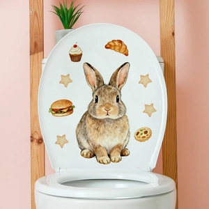 Detailed view of luminous watercolor rabbit and food stickers for bathroom decor