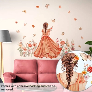 Détail de la face adhésive et de la texture du sticker mural fille et fleurs