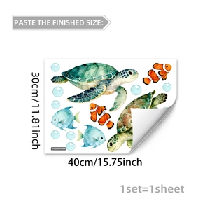 Luminous watercolor sea turtle and tropical fish wall stickers set 30x40cm sheet