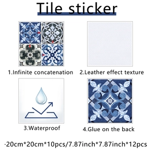 Detail of waterproof leather-texture tile stickers with blue vintage marble patterns