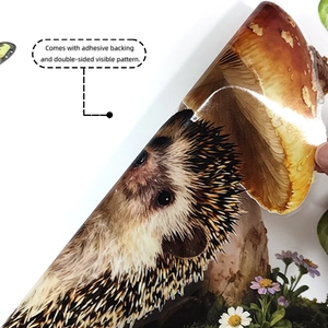 Detail showing adhesive backing and double-sided visible hedgehog floral window decal