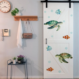 Self-adhesive watercolor sea turtles and tropical fish wall decals for home decor