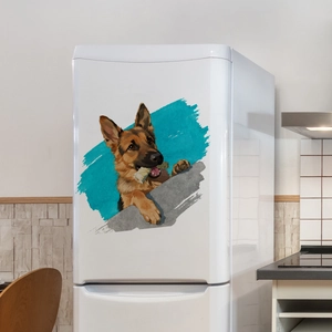 German Shepherd dog peeking wall sticker decor on white refrigerator in home kitchen