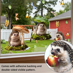 Detail showing adhesive hedgehogs and butterflies window stickers with double-sided visibility