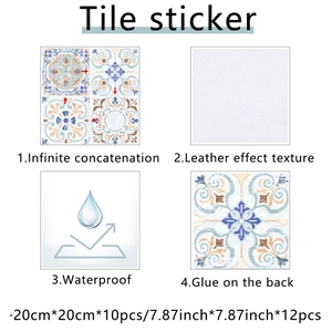 Waterproof leather-texture tile stickers with Mediterranean pattern and self-adhesive back