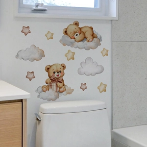 Watercolor cartoon bear sleeping on clouds and stars wall decals on bathroom wall