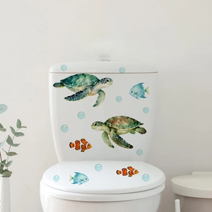 Marine life toilet stickers featuring watercolor sea turtles and clownfish decor