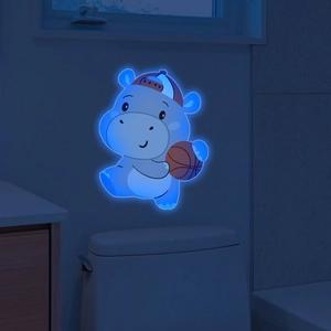 Glow-in-the-dark blue cartoon hippo wall sticker with basketball for room decoration