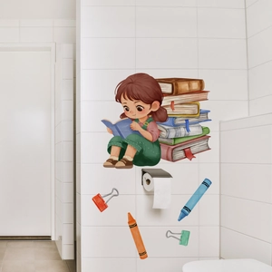 Luminous cartoon girl with books and crayons wall stickers on a clean white tile wall