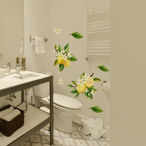 Detailed wall sticker showing watercolor lemon and white flowers on a bathroom wall background