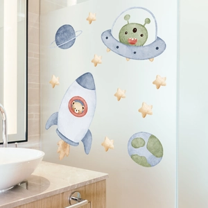 Space theme wall decals featuring watercolor rocket and UFO on bathroom glass partition