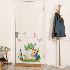 Luminous wall sticker with watercolor rabbit and floral pattern on a white door
