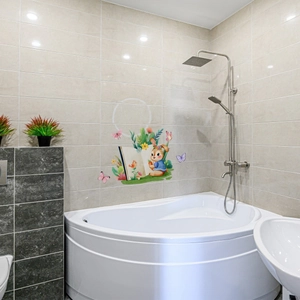 Detailed view of hand-drawn rabbit and butterfly wall sticker in modern bathroom interior