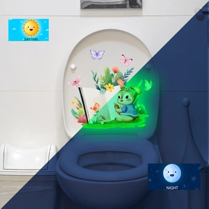 Glow-in-the-dark wall stickers with rabbit and butterfly showing day and night comparison