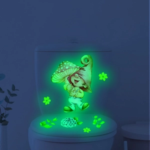 Luminous wall sticker showing a cartoon elf with mushroom in glowing green light