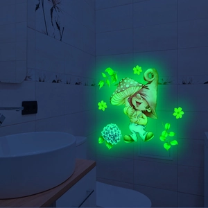 Luminous wall stickers featuring cartoon elves and mushrooms glowing in a dark bathroom