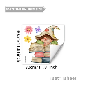 Detailed view of gnome reading on books watercolor wall sticker measuring 30x30cm