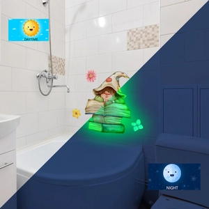 Luminous elf wall sticker showing daytime design and green glow-in-the-dark night effect