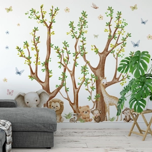 Watercolor jungle animal wall stickers featuring giraffe and elephant for living room