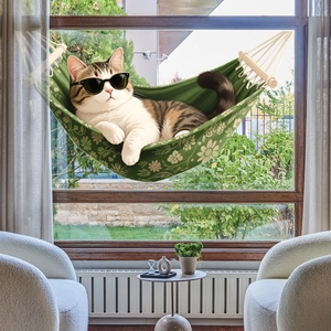 Green floral window cat hammock with sturdy wooden support bars and white woven ropes