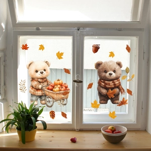 Autumn static window clings featuring cartoon bears with pumpkins and colorful maple leaves