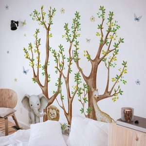 Nursery wall decals featuring watercolor animals, green trees and forest theme decor