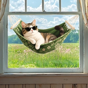 Floral print window cat hammock with wooden supports shown with a cat resting inside
