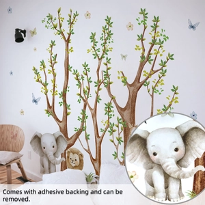 Self-adhesive wall stickers with watercolor trees and cartoon animals for nursery decor