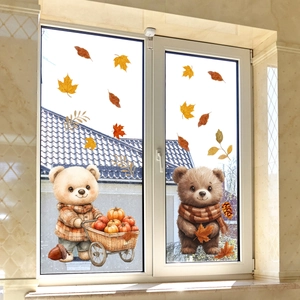 Detailed autumn window clings featuring cute cartoon bears with pumpkins and maple leaves