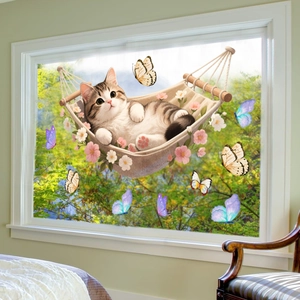 Detail of static window cling featuring a cute striped kitten on a floral swing with butterflies