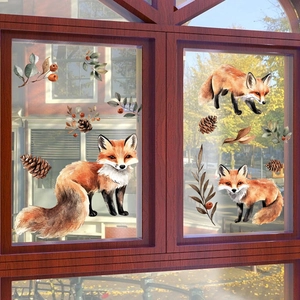 Detailed watercolor autumn window decals showing foxes, acorns, and dry fall leaves