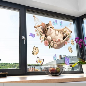 Detailed view of cat in flower hammock and colorful butterfly static window stickers